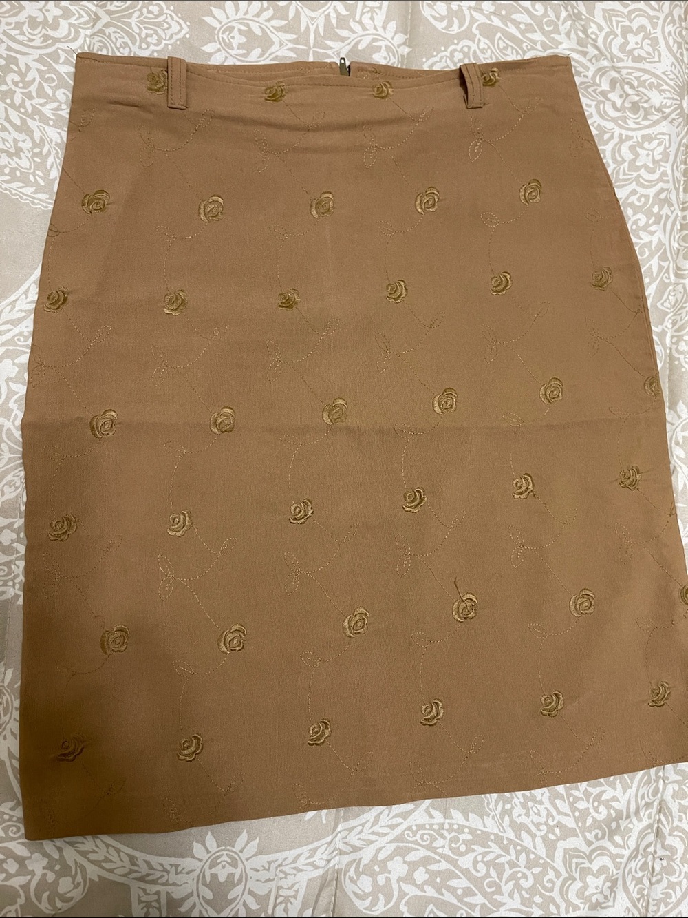 Embroidered Tan Pencil Skirt